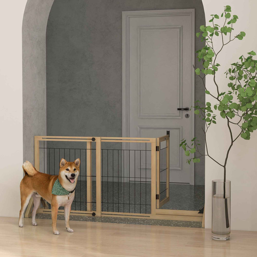 PawHut Extendable Dog Gate with Door and 2 Panels, Triangular Feet, 112-159x70 cm, Natural Wood