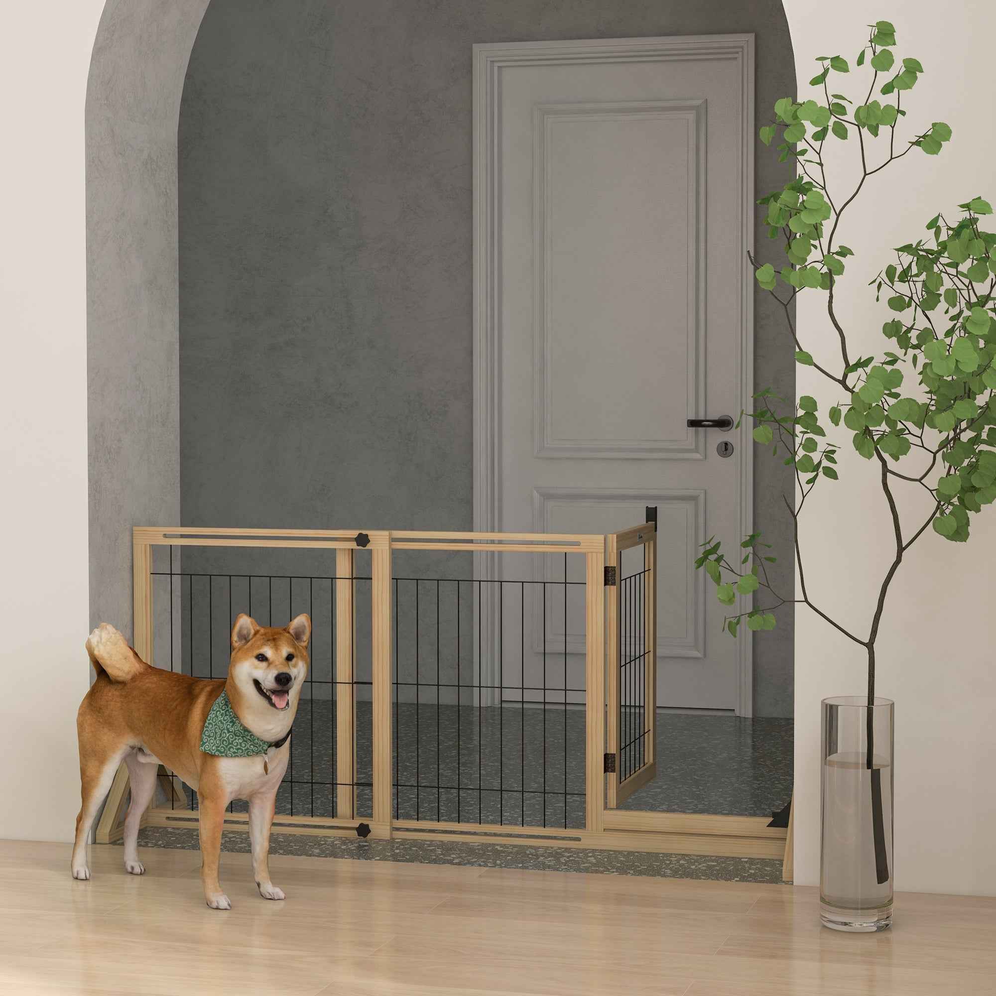 PawHut Extendable Dog Gate with Door and 2 Panels, Triangular Feet, 112-159x70 cm, Natural Wood