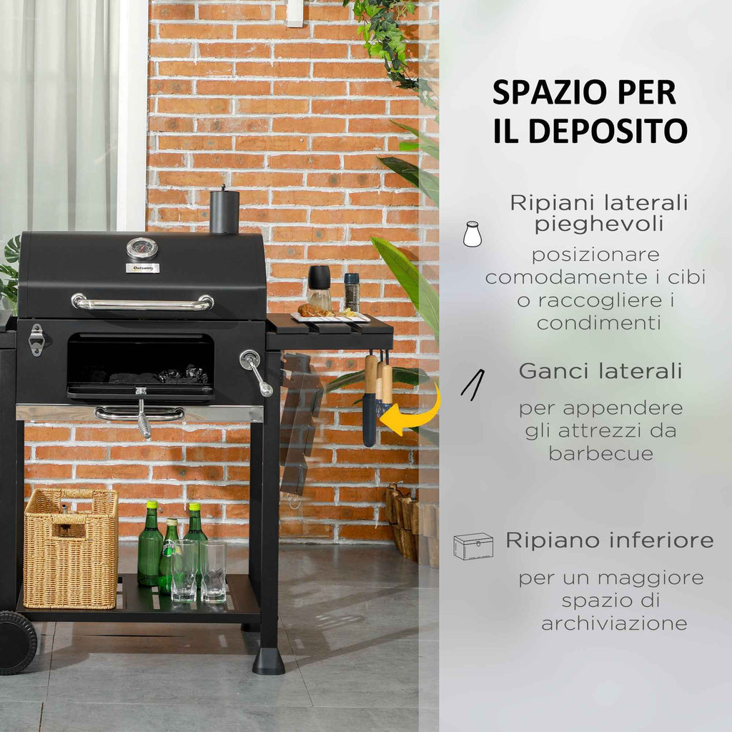 Outsunny Charcoal Barbecue with Lid, Thermometer, Adjustable Grill, Wheels and Side Tables, Black