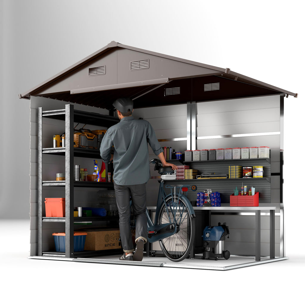 Wood Effect Steel Garden Shed with Double Sliding Doors, 236x196x208 cm, Brown