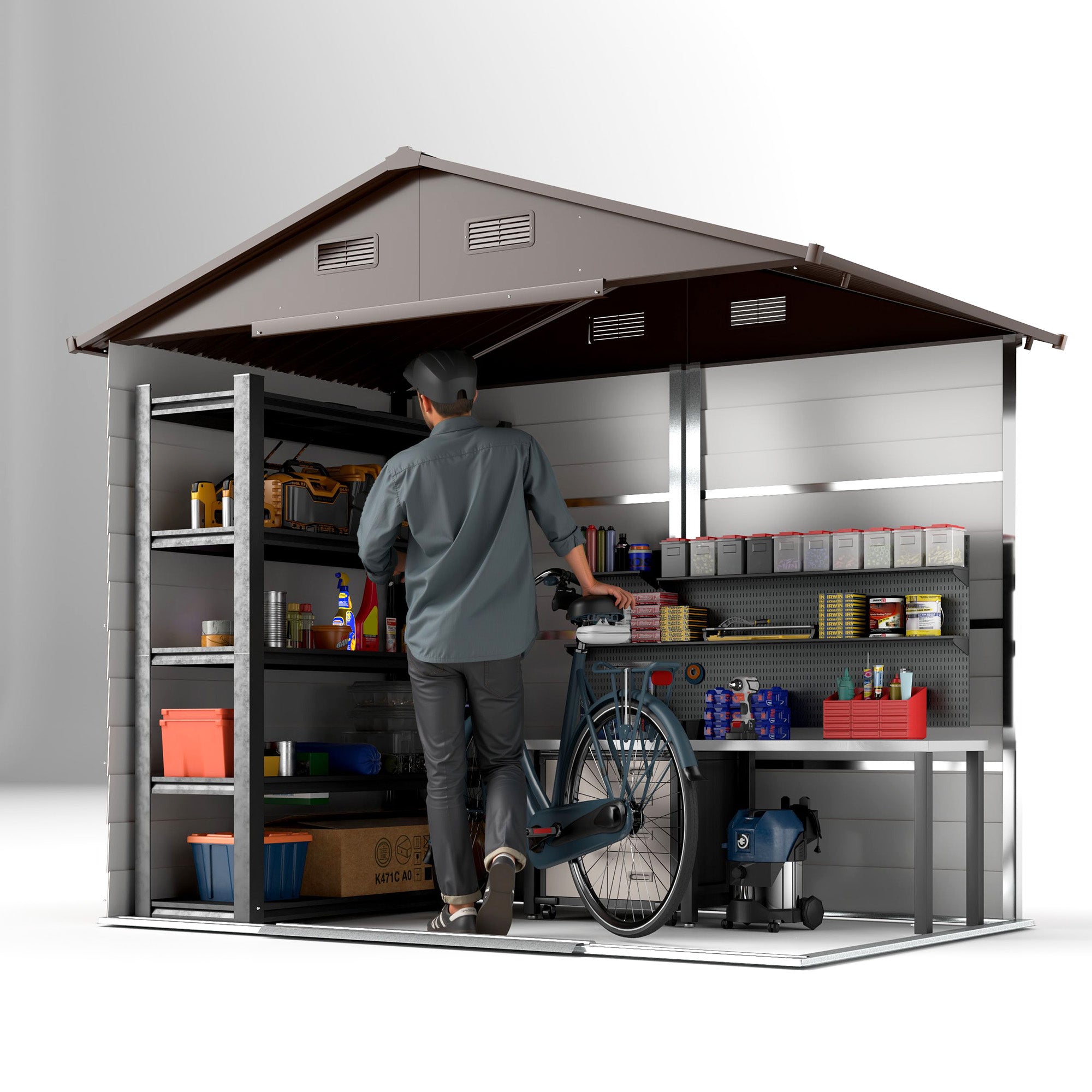 Wood Effect Steel Garden Shed with Double Sliding Doors, 236x196x208 cm, Brown