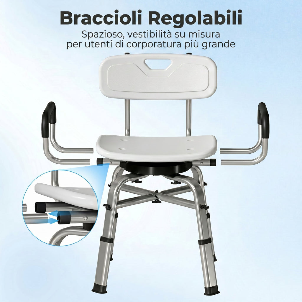 HOMCOM Height-Adjustable Swivel Shower Chair with Armrests, Backrest, 150kg Capacity, White