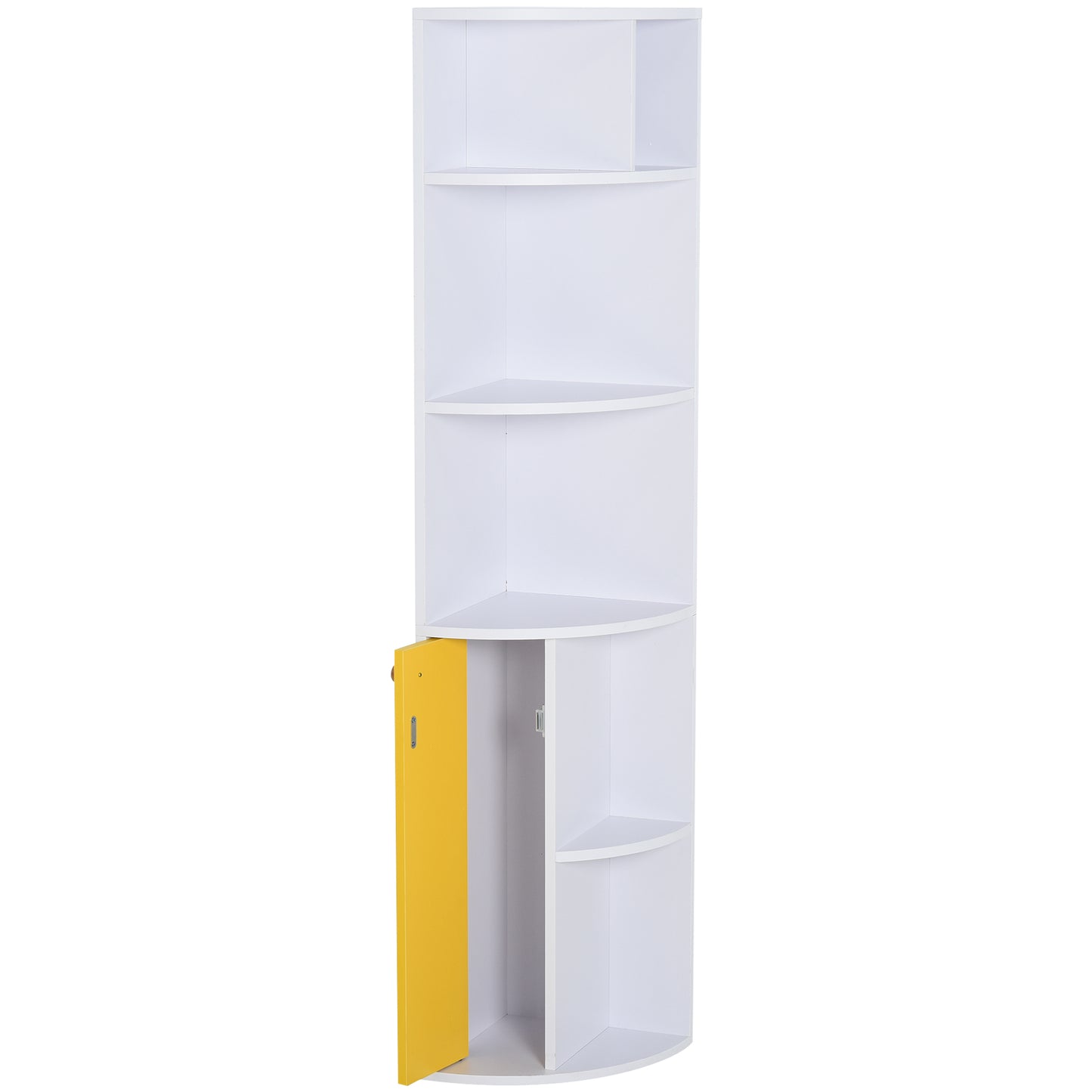 HOMCOM Corner Wall Shelf in White Wood, Bookcase Cabinet with 5 Shelves and Yellow Cabinet, Modern Design, 29.8x29.9x147cm - Borgè