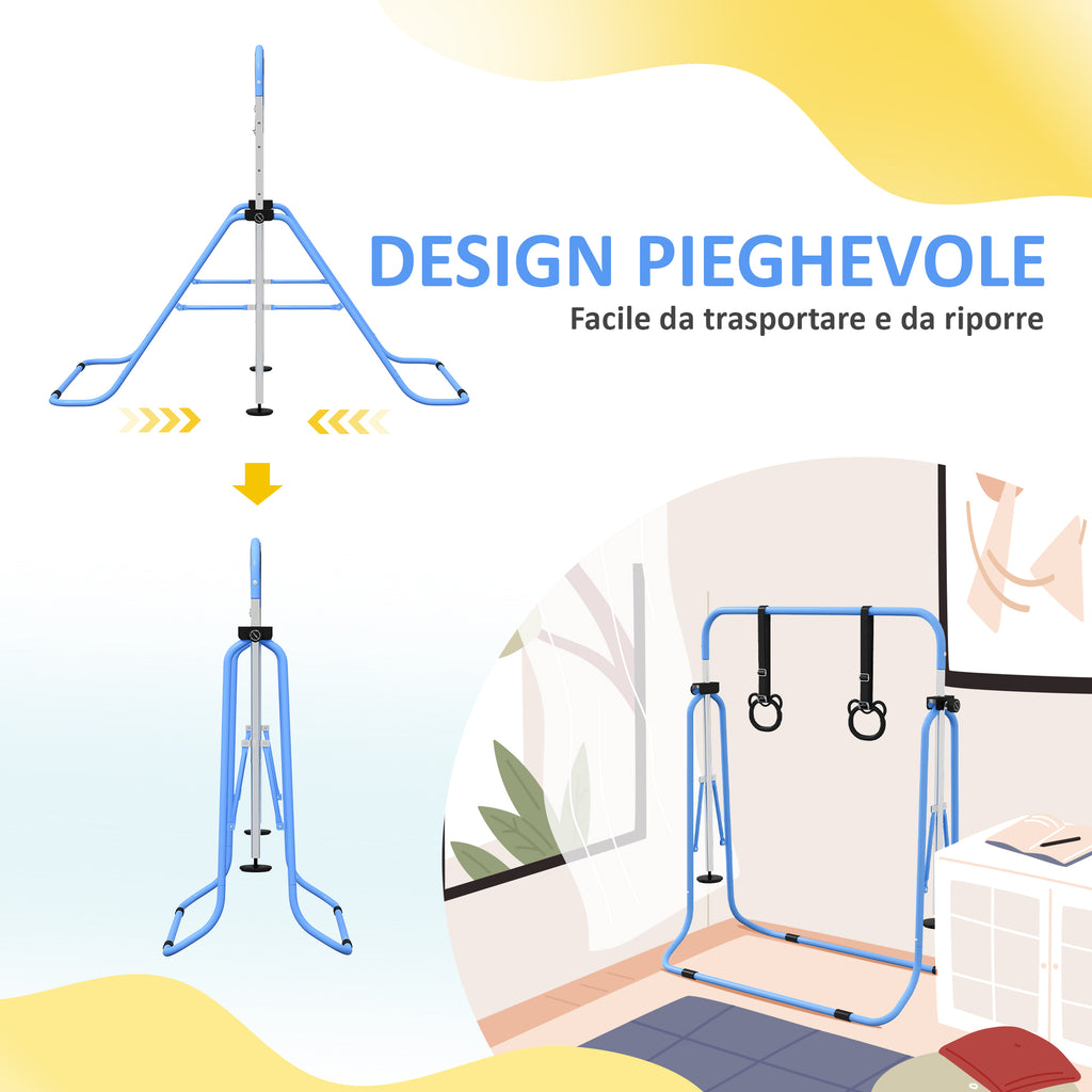 HOMCOM Height-Adjustable Gymnastics Bar for Children with 2 Rings, Steel, 148x105x88-128 cm, Blue