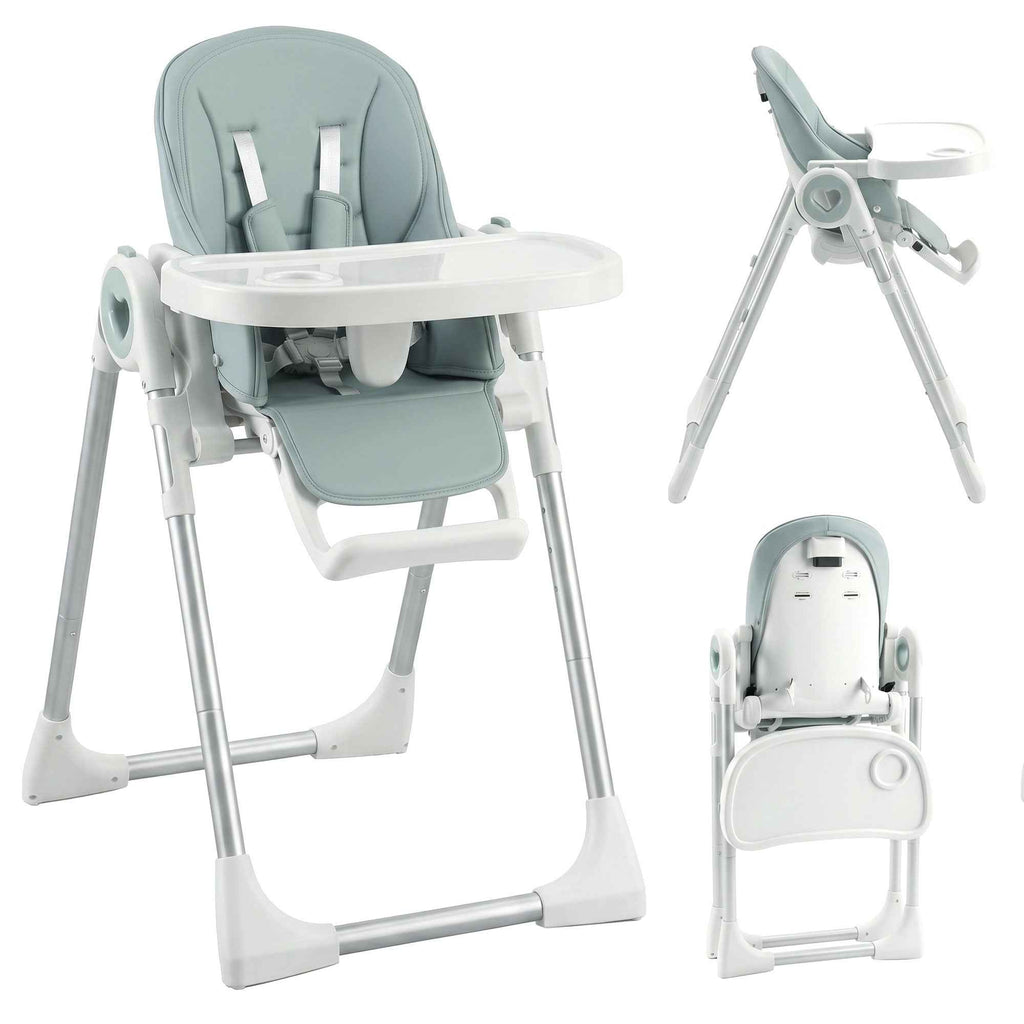 AIYAPLAY Folding High Chair for Babies 6-36 Months, Adjustable Height, Double Washable Tray and Wheels, Green