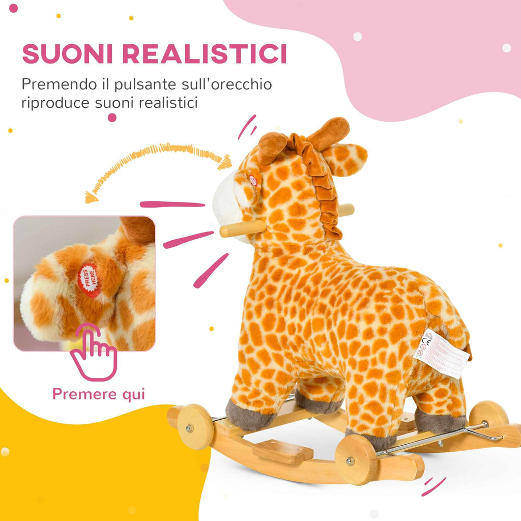 HOMCOM Giraffe Rocking Horse for Children Ages 3-6 with Wheels and Sounds, 63x38x63cm, Yellow
