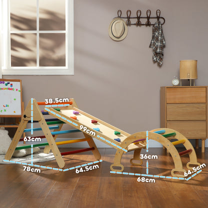 Montessori Children's Climbing Game with Triangle and Arch and Ramp with Pine Wood Stones, 178x64. 5x63 cm