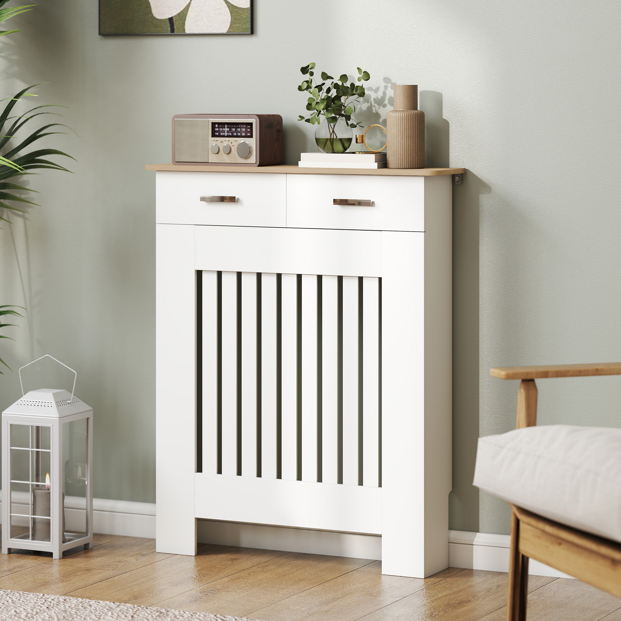 Anti-Tip Slatted Radiator Cover with Drawer, Wooden, 78x19x97 cm, White