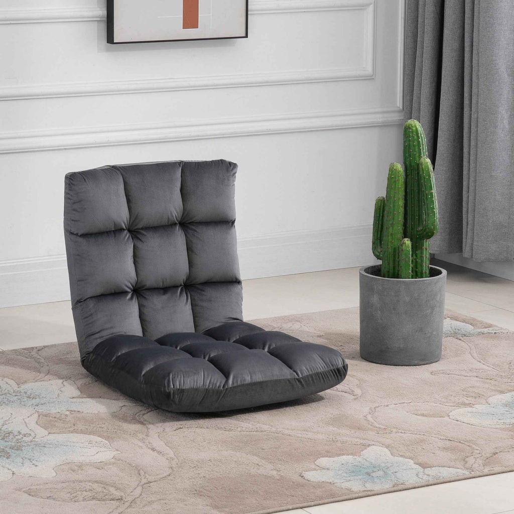 HOMCOM Velvet Floor Chair with 180° Reclining Backrest and Thick Padding, 55x71x53.5cm, Dark Grey