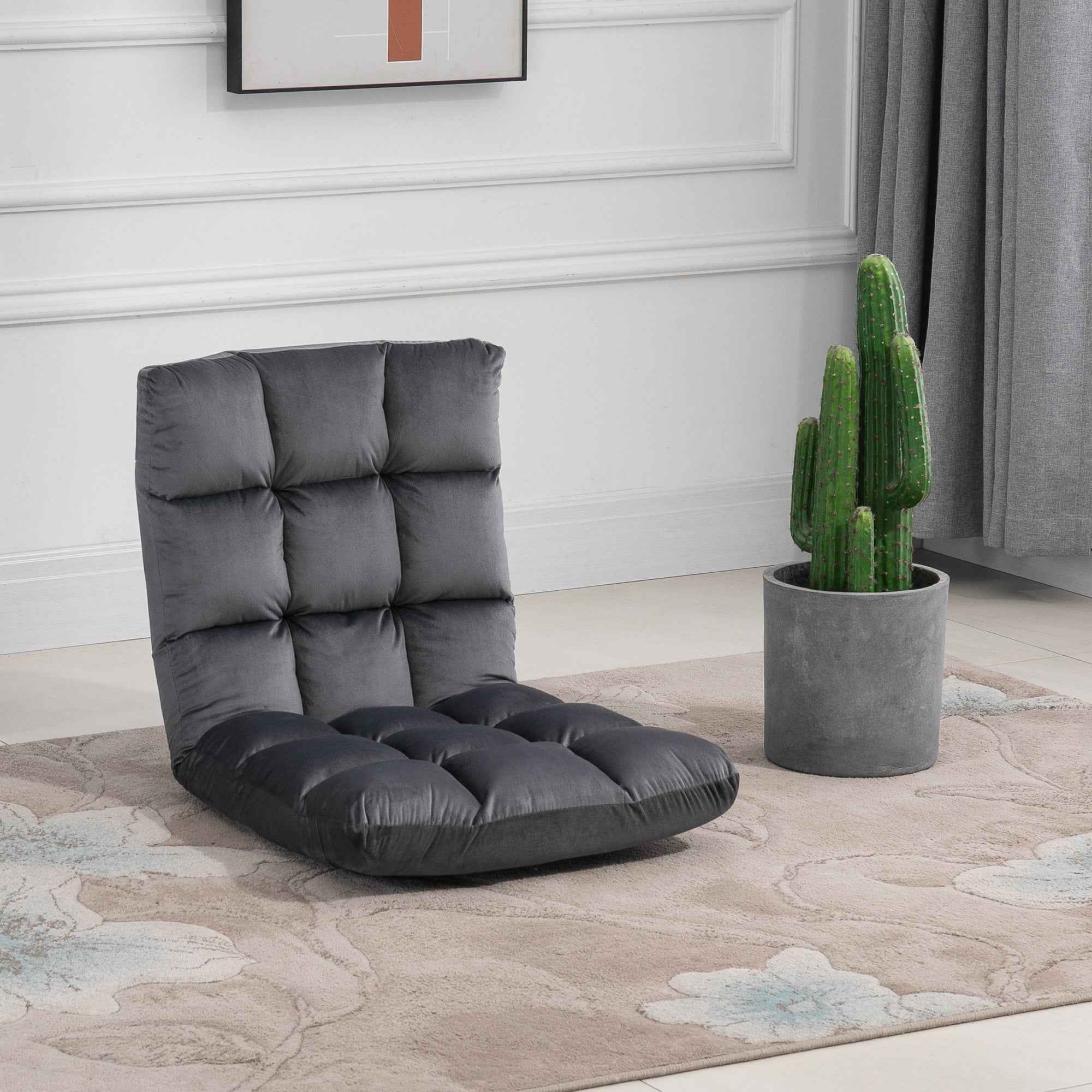 HOMCOM Velvet Floor Chair with 180° Reclining Backrest and Thick Padding, 55x71x53.5cm, Dark Grey