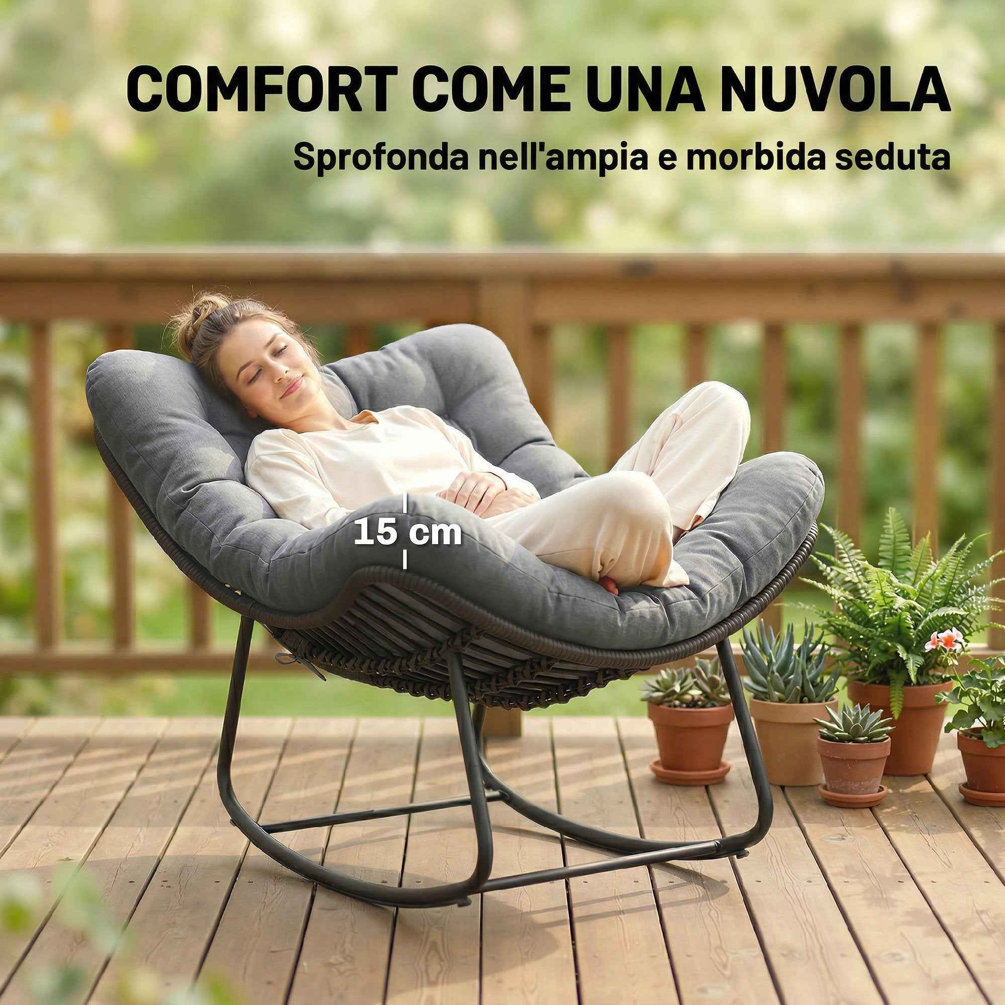 Outsunny Rattan Rocking Chair with Soft Cushion for Garden, Balcony, Dark Grey