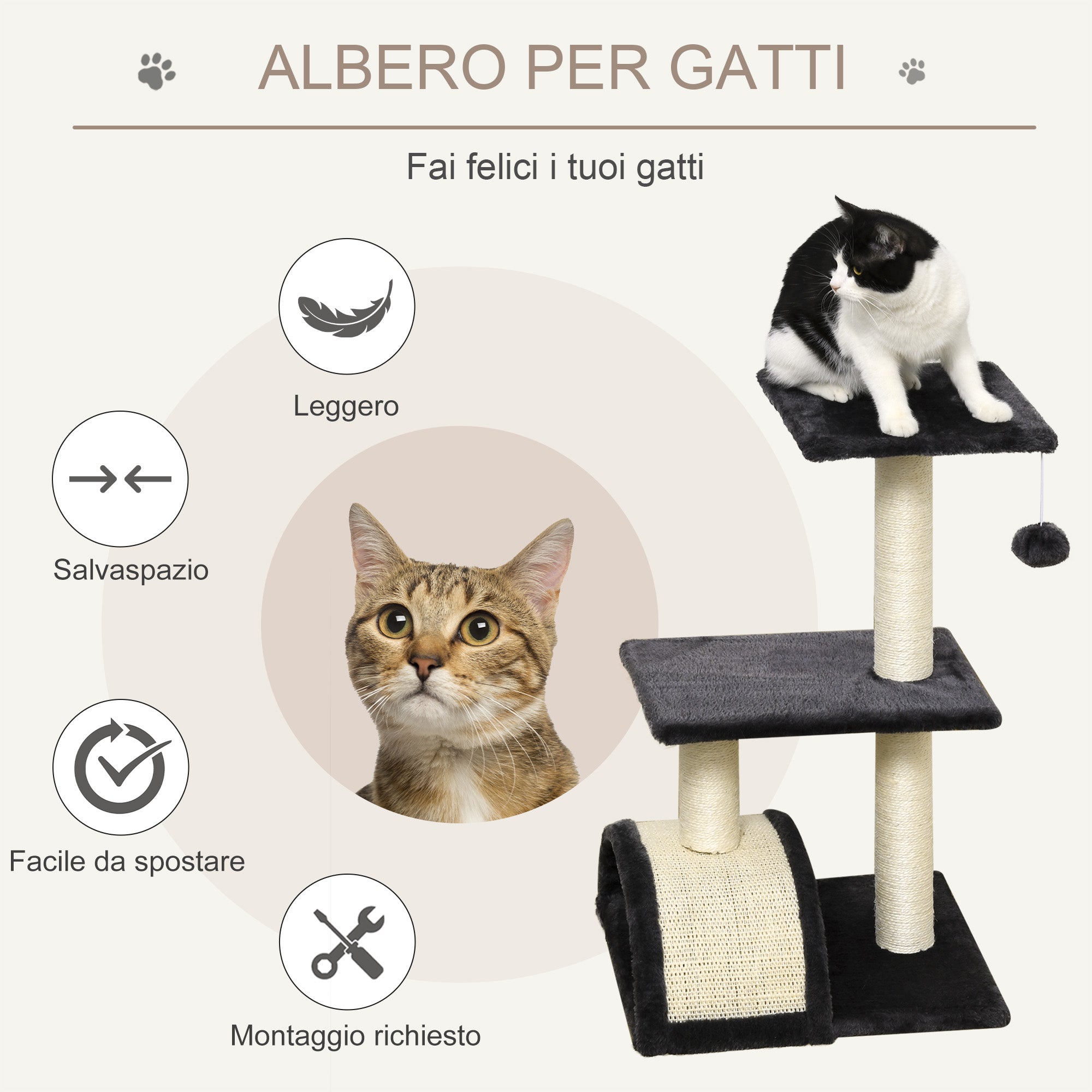 3-Tier Cat Tree with Arched Scratching Mat, Made of Wood, Plush and Sisal, 40x35x72 cm, Grey