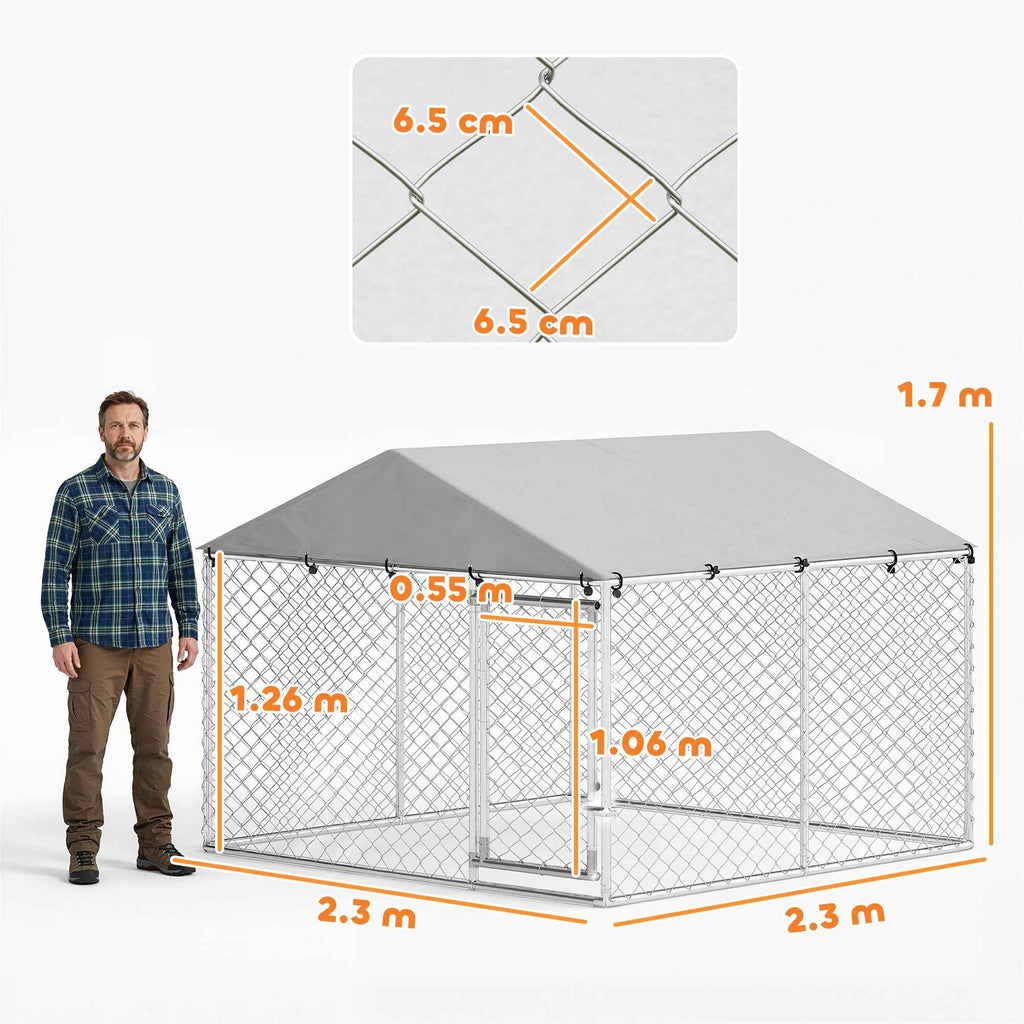 PawHut Outdoor Dog Playpen, Galvanized Steel with PE Roof, Anti-UV, Waterproof, Double Lock, Silver