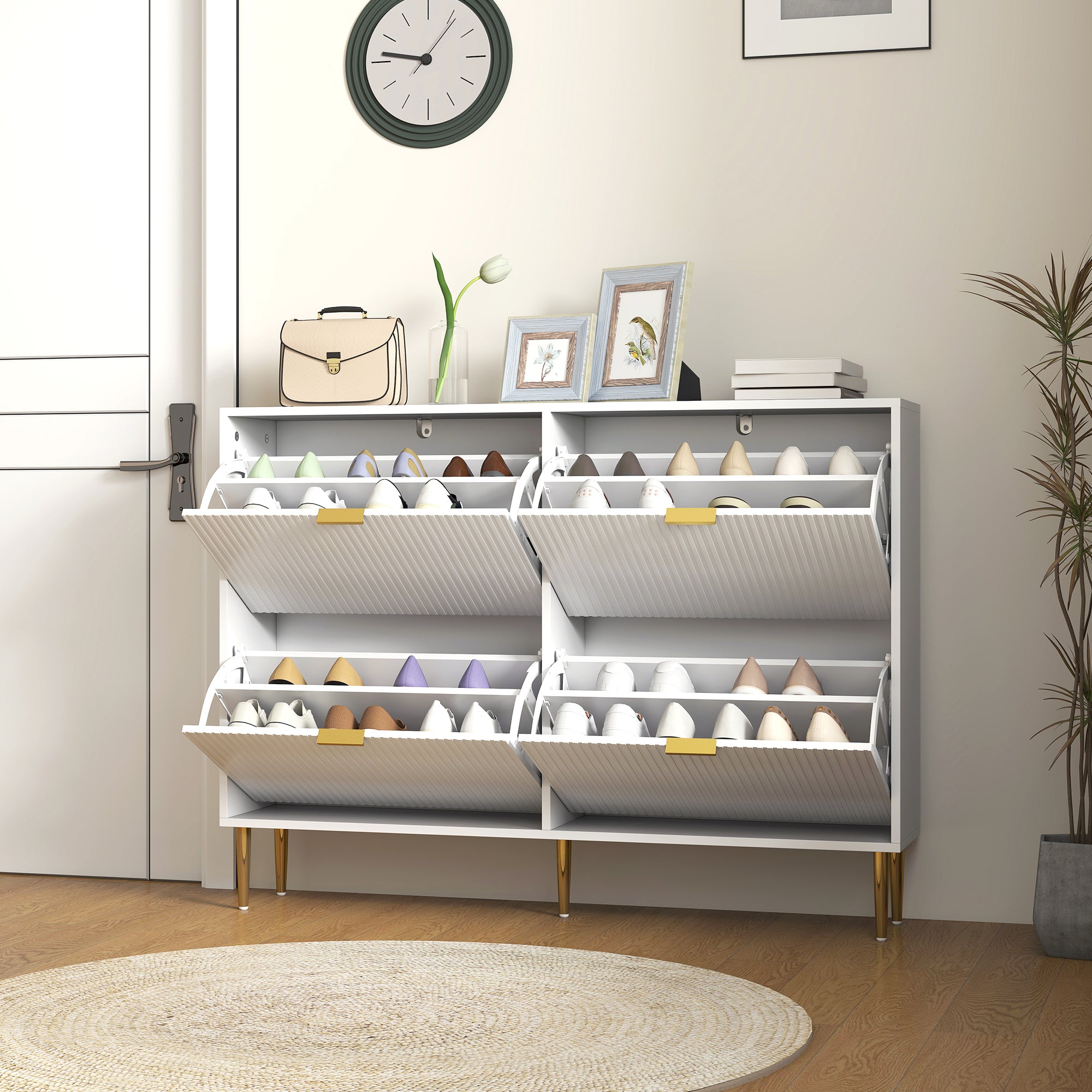 Slim Shoe Rack for 20 Pairs of Shoes with 4 Flap Drawers and Adjustable Shelves, 105x24x91.5 cm, White