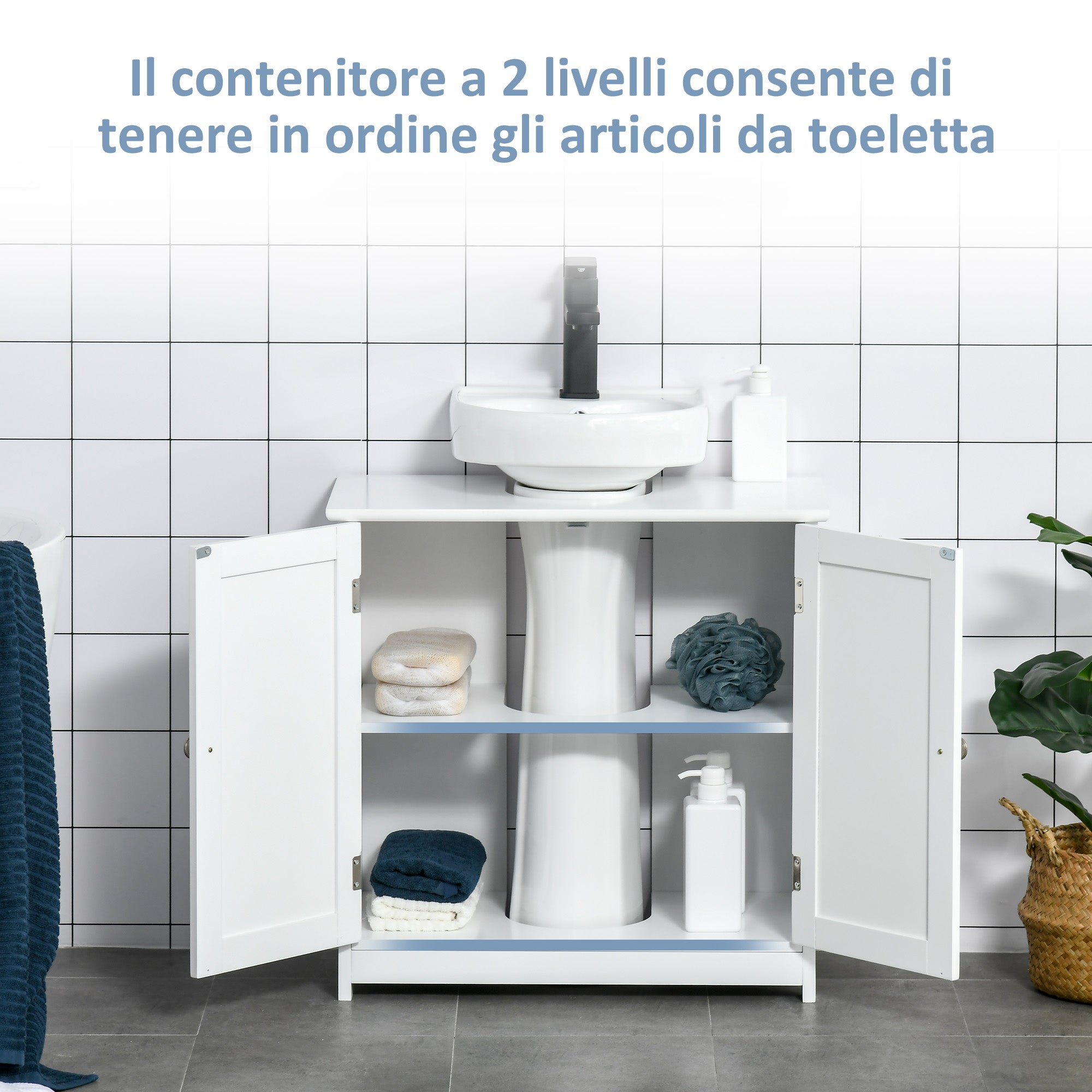 2-Door Vanity Unit with Adjustable Shelf and U-Cut, 60x30x60 cm, White