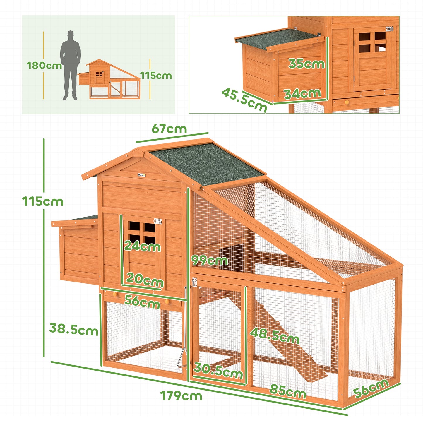 Garden Chicken Coop for 1-2 Chickens with Brooding Area, House and Open Space, Made of Wood and Metal, 179x67x115 cm