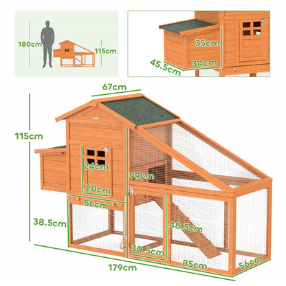 Garden Chicken Coop for 1-2 Chickens with Brooding Area, House and Open Space, Made of Wood and Metal, 179x67x115 cm