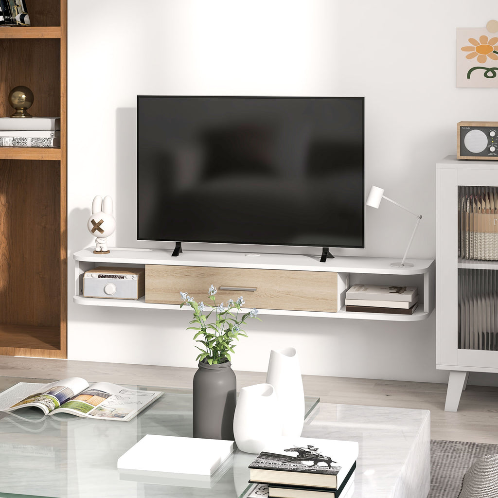 Wall Mounted Wooden TV Cabinet with 2 Open Shelves and Cabinet, 120x26x16 cm, White and Oak