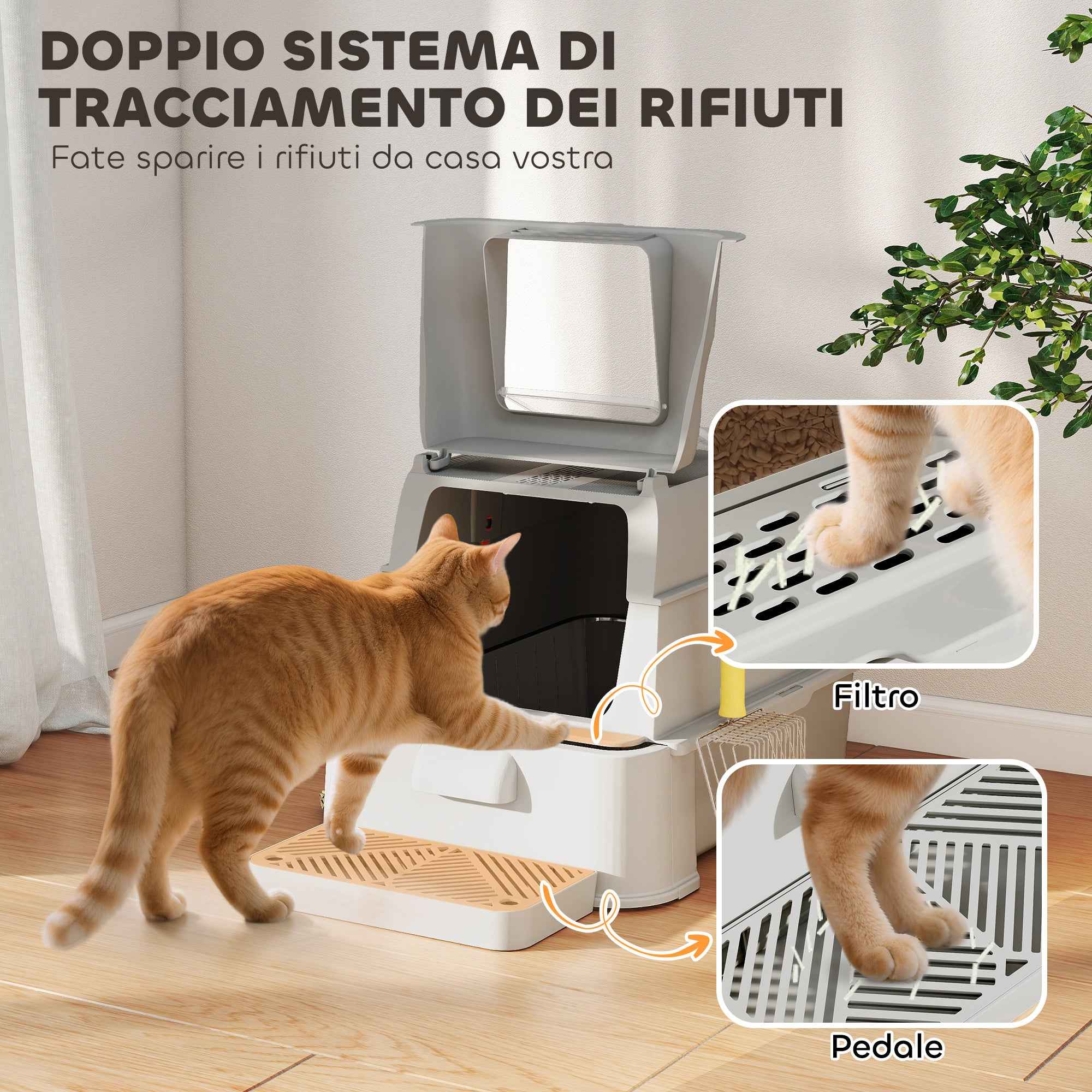 PawHut 80L Enclosed Cat Litter Box with Removable Tray, ABS and Stainless Steel, 63x43x43 cm, Light Grey