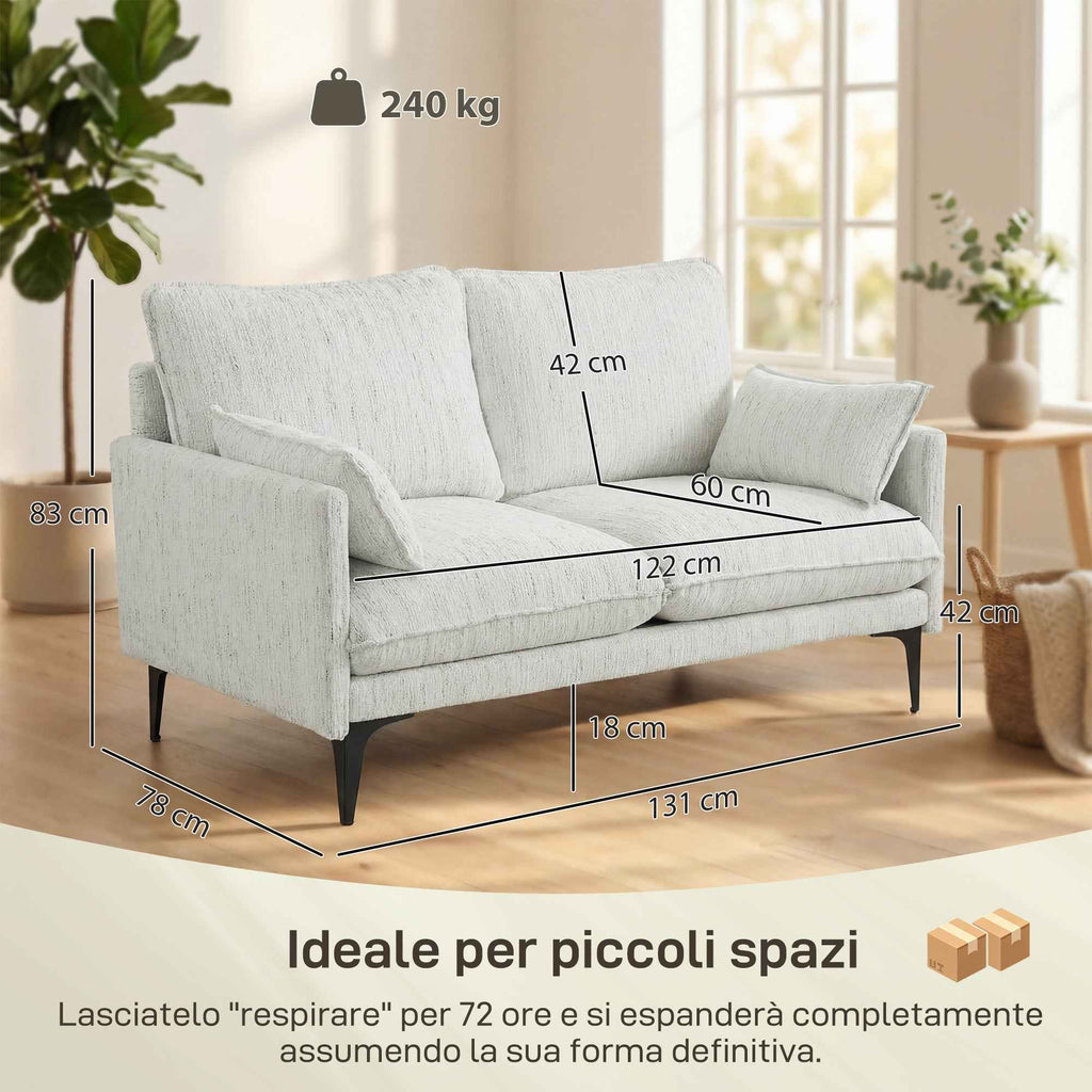 HOMCOM 2-Seater Fabric Sofa with Armrests, Thick Padding and 2 Cushions, 131x78x83 cm, White