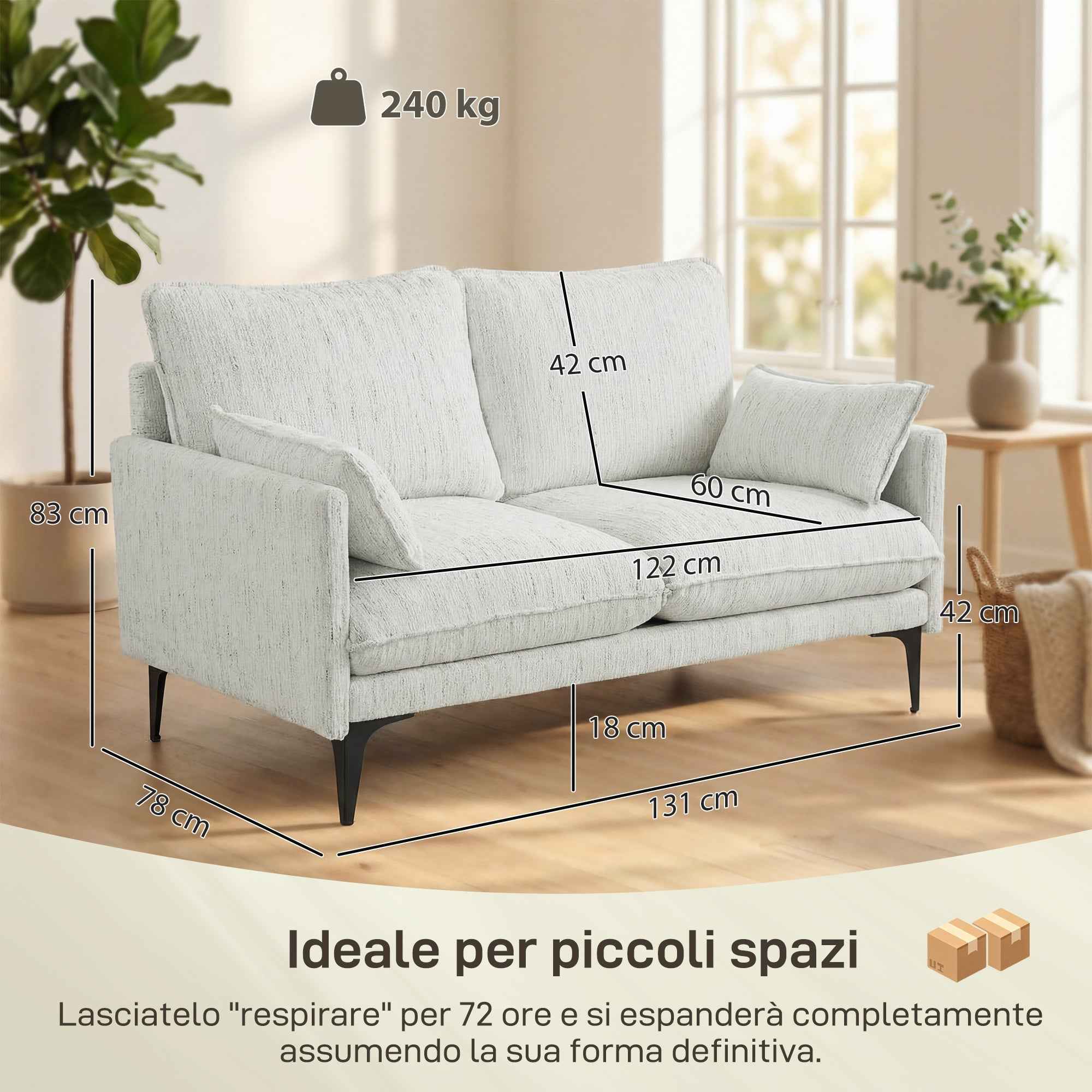 HOMCOM 2-Seater Fabric Sofa with Armrests, Thick Padding and 2 Cushions, 131x78x83 cm, White