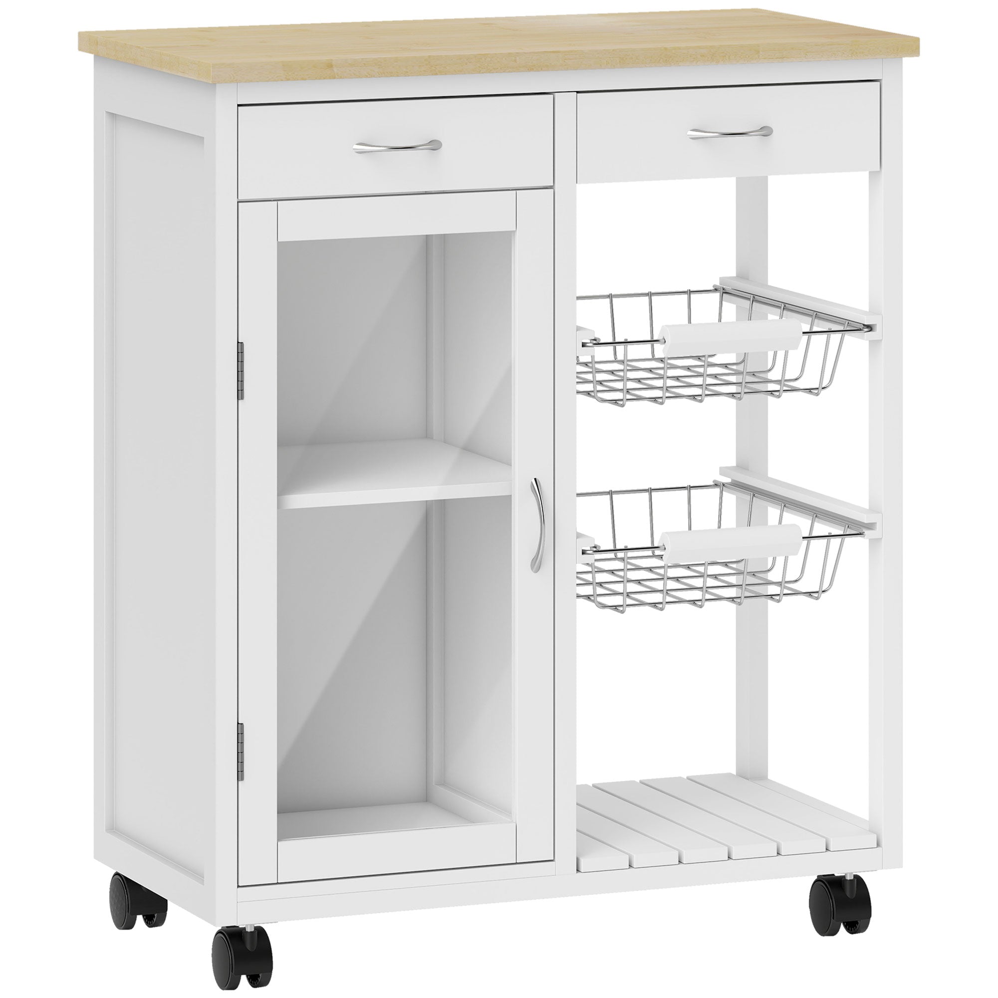 Bamboo Kitchen Cart with 2 Drawers, Cabinet, Shelf and 2 Steel Baskets, 67x35x80 cm, White