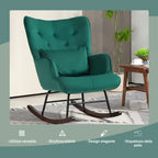 High Back Velvet Rocking Chair with Buttons, Cushion and Armrests, Green