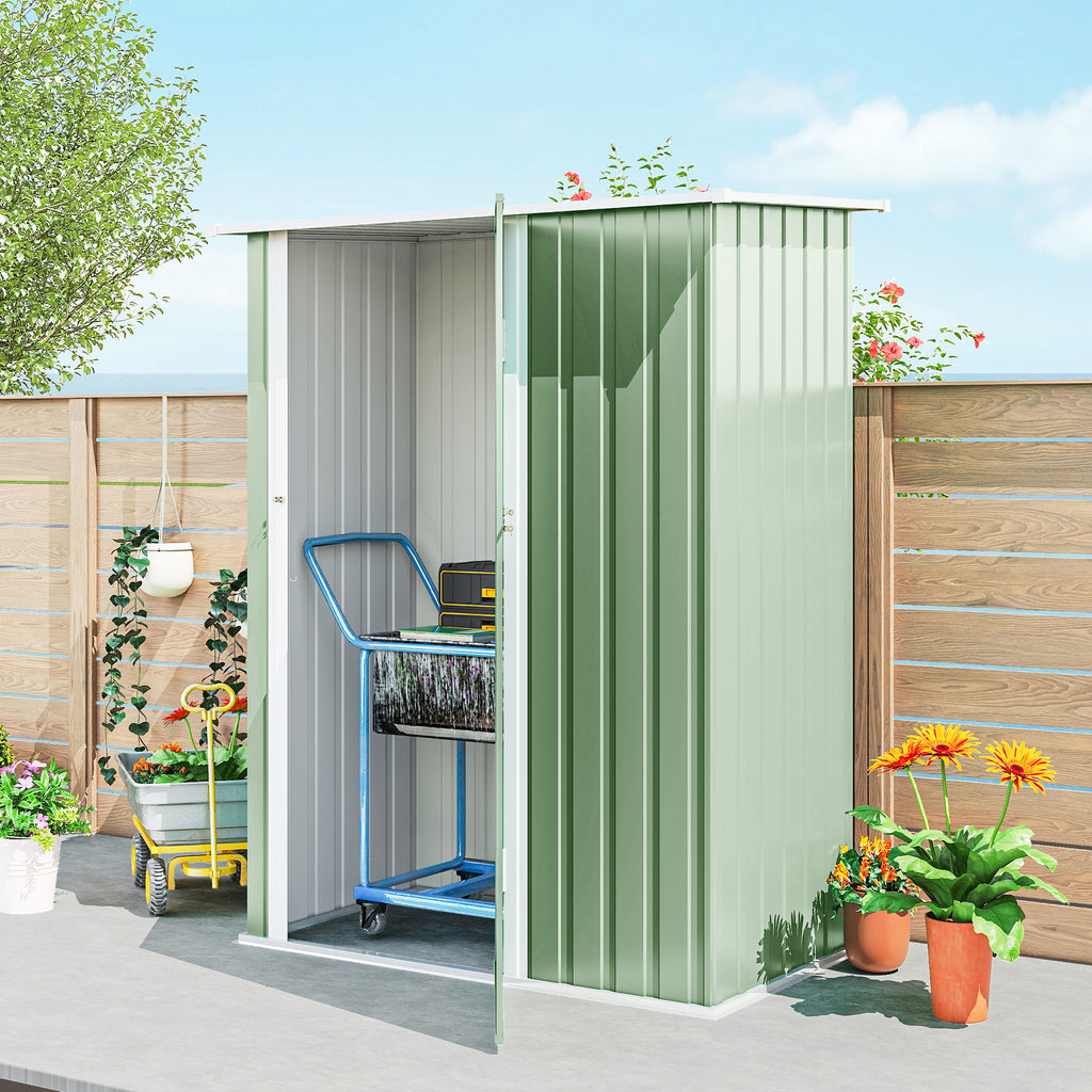 Outsunny Metal Tool Shed with Sloped Roof and Lockable Door, 142x86x189 cm, Light Green