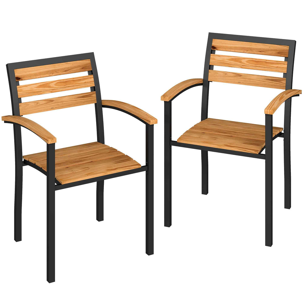 Outsunny Set of 2 Stackable Outdoor Chairs in Wood and Steel, Natural Wood Color