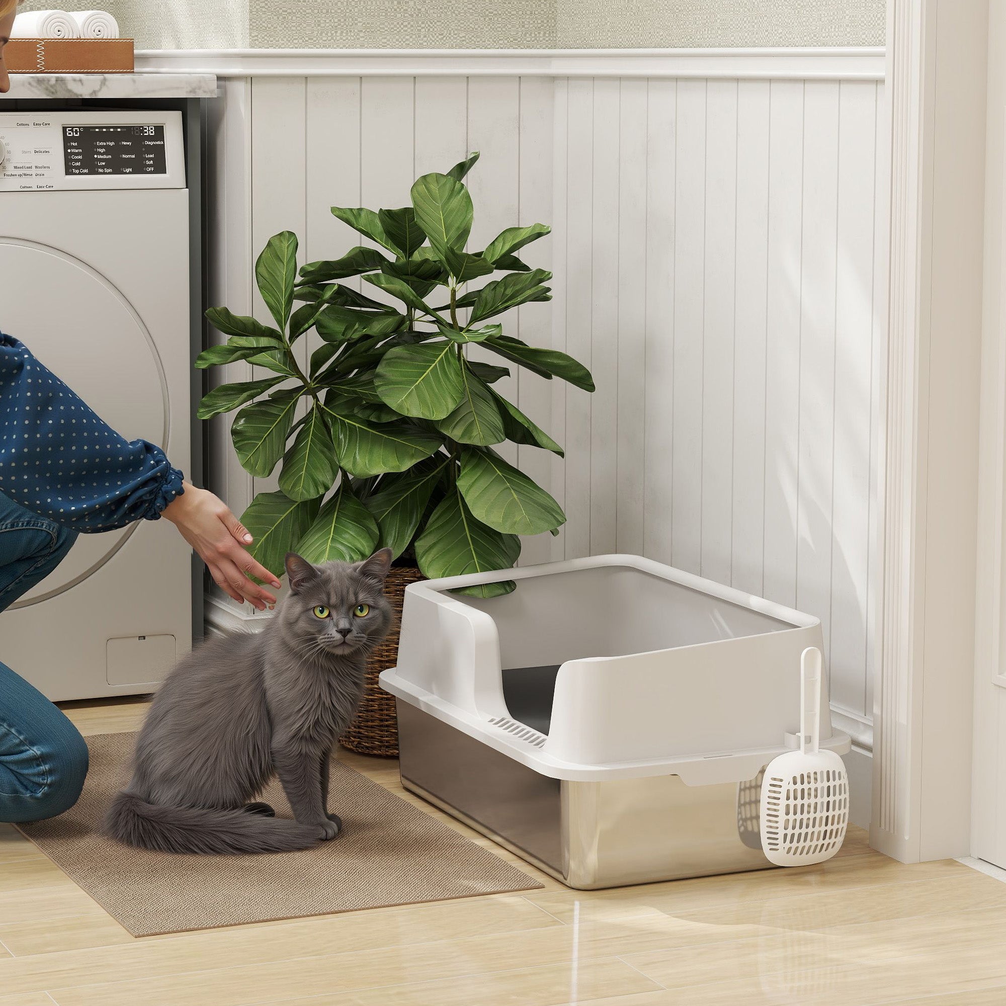 Cat Litter Box with Raised Edges, Tray and Scoop, Stainless Steel and PP, 60x40x28 cm, Light Grey