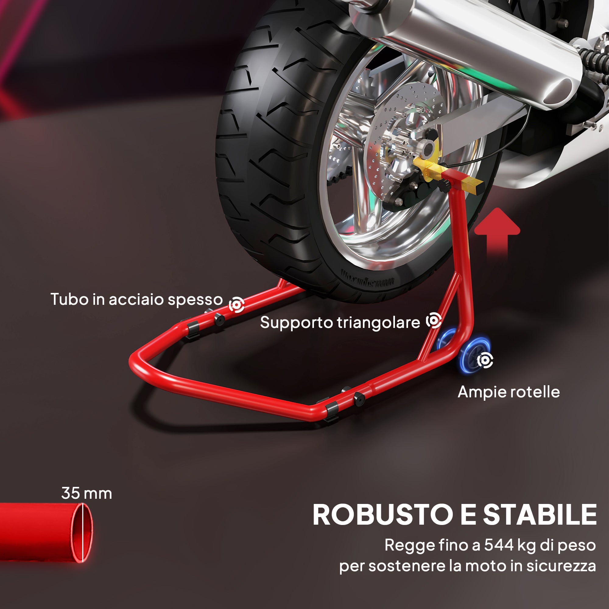 Motorcycle Stand with 544kg Capacity, Adjustable U- and L-Forks, Non-Slip Wheels and Pads, Red