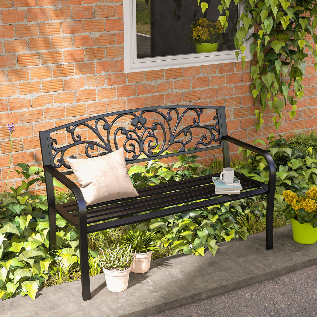 Metal Garden Bench with Decorated Backrest, 127x60x87cm - Black