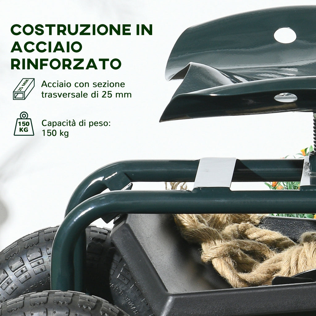 Outsunny Garden Cart with Adjustable Seat and Bottom Tray, Steel and PP, 83x36.5x45-60 cm, Dark Green