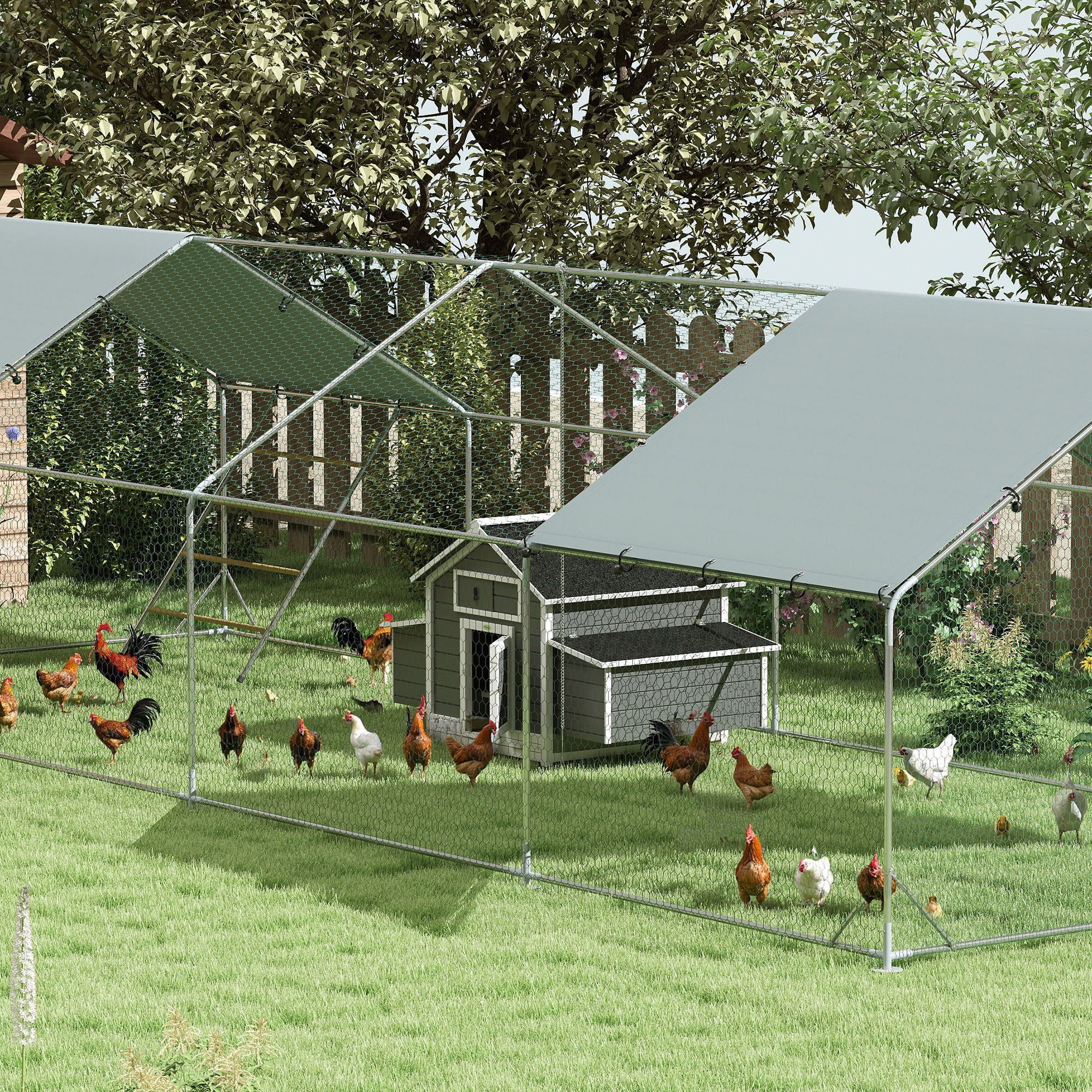 PawHut Outdoor Wooden Chicken Coop with 2 Brooding Nests, Removable Tray and Asphalt Roof, Grey