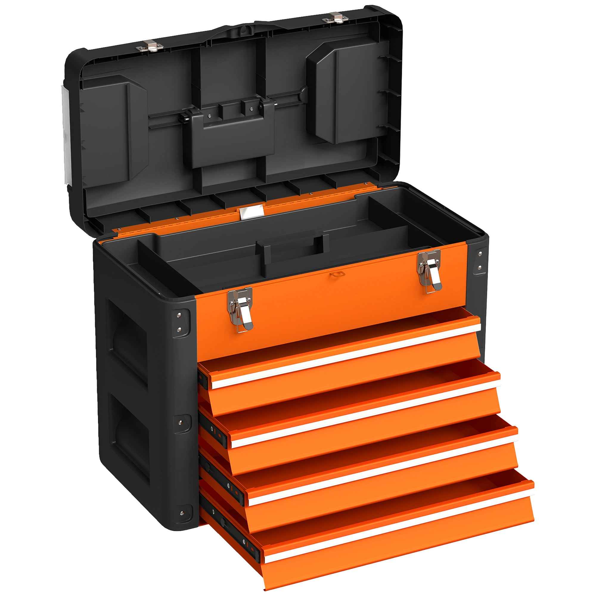 HOMCOM 4-Drawer Tool Box with Top Compartment in Steel and Plastic, Orange and Black