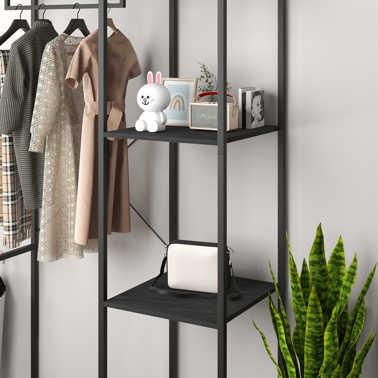 HOMCOM Entrance furniture with floor coat hanger and shoe rack, in steel and chipboard, 110x45x169.5 cm, Black - Borgè