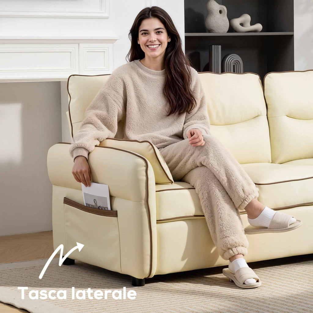 HOMCOM 3-Seater Faux Leather Sofa with Thick Padding, Side Pocket and 2 Cushions, 190x83x90 cm, Beige