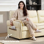 HOMCOM 3-Seater Faux Leather Sofa with Thick Padding, Side Pocket and 2 Cushions, 190x83x90 cm, Beige