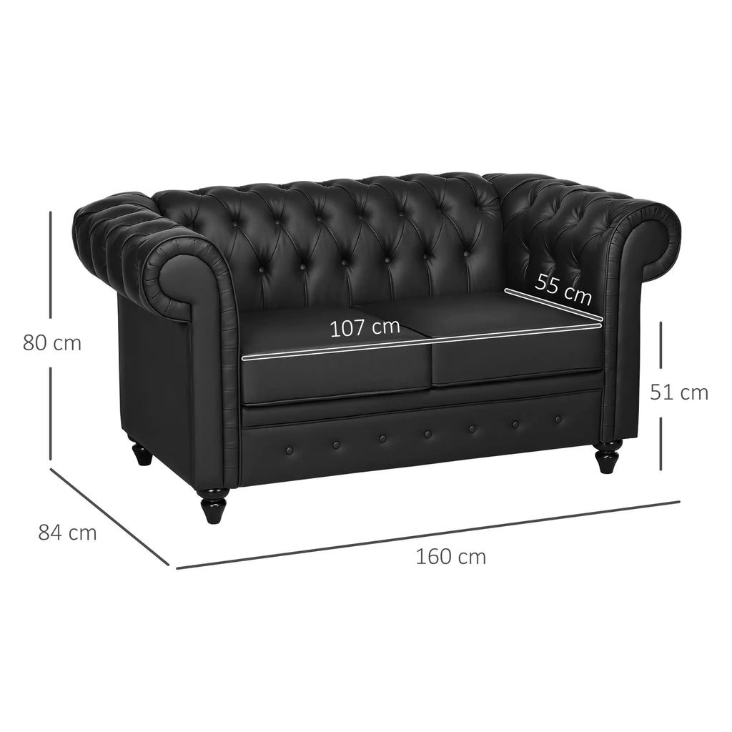 Chesterfield Style 2 Seater Sofa PU Leather with Removable Cushion, 160x84x80 cm, Black