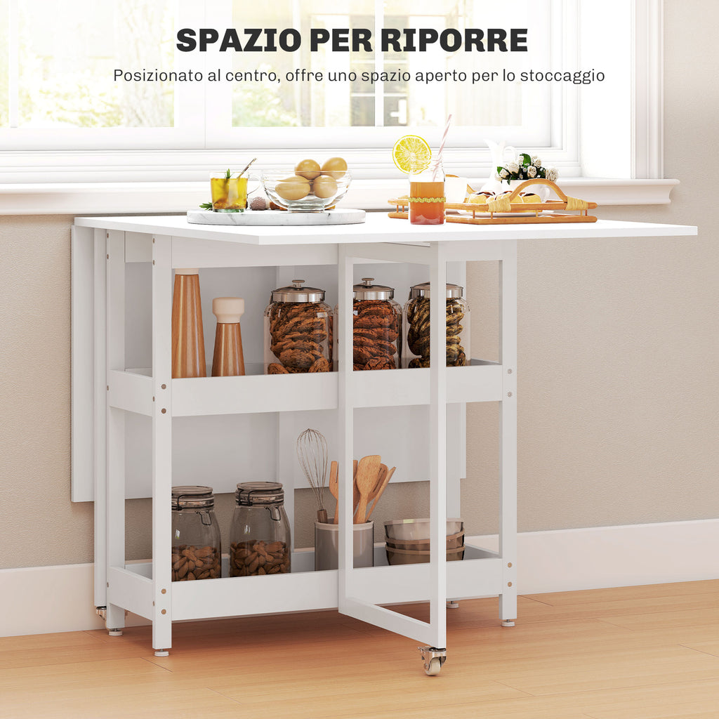 HOMCOM Folding Table with 2 Drop-Leaf Tops for 4 People with 2 Open Shelves, Wood and Metal, 133.4 x 80 x 75 cm, White