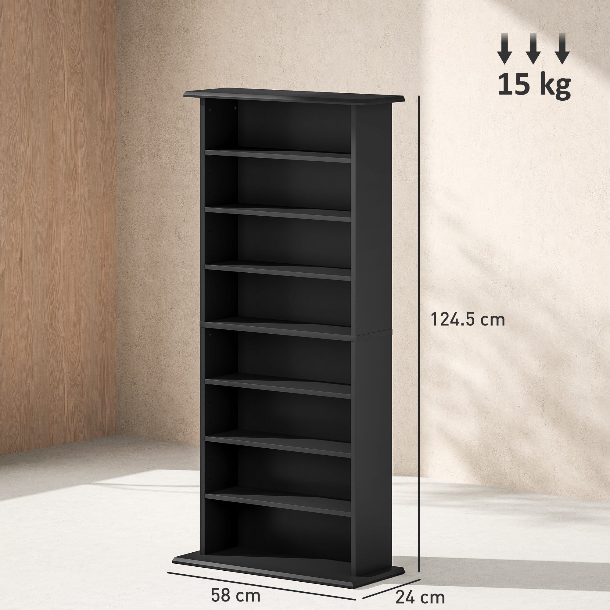 CD Rack with 6 Adjustable Shelves, 360 CDs/185 DVDs Capacity, 58x24x124.5 cm, Black