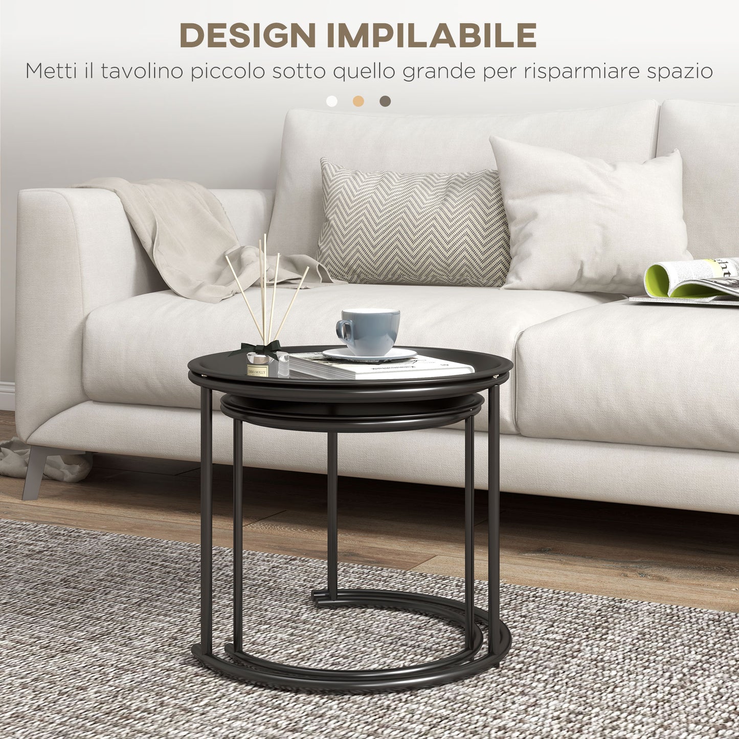 Set of 2 Round Nesting Coffee Tables with Removable Steel Tray, Black