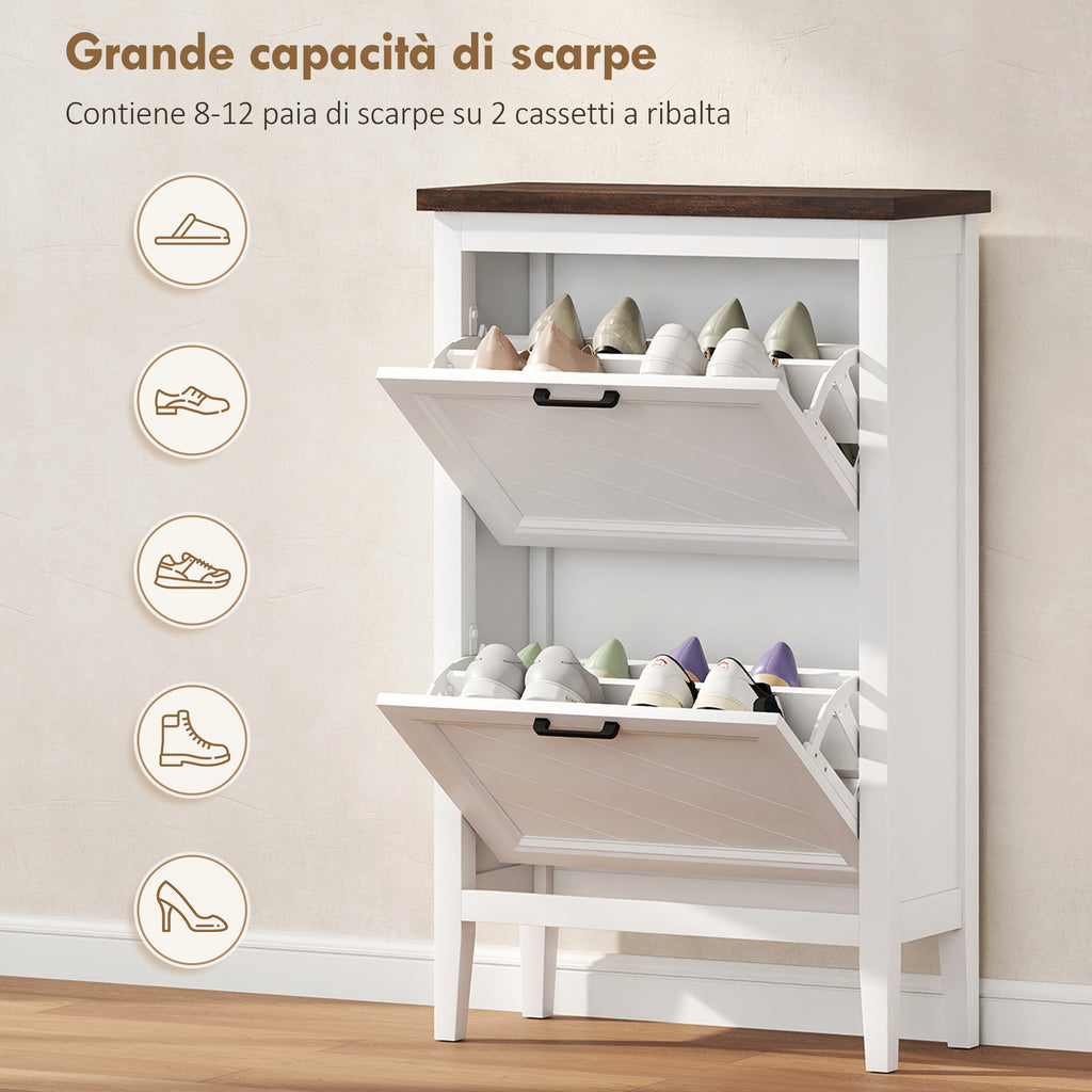 HOMCOM Country Shoe Rack with 2 Flap Drawers, Adjustable Shelves, White Design.