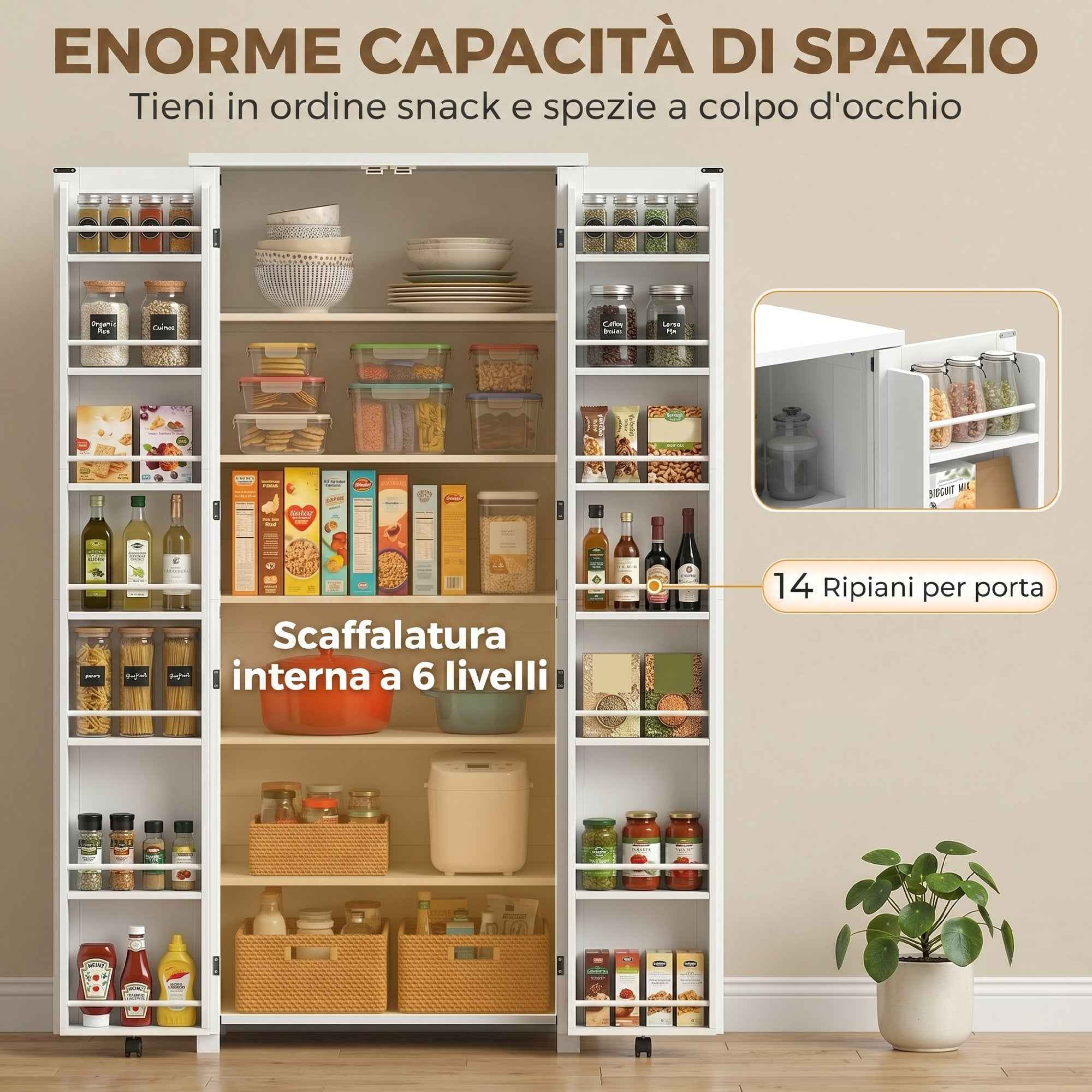 HOMCOM Tall Kitchen Cabinet with Wheels, 2 Doors, 14 Compartments, 80x40x180 cm, White