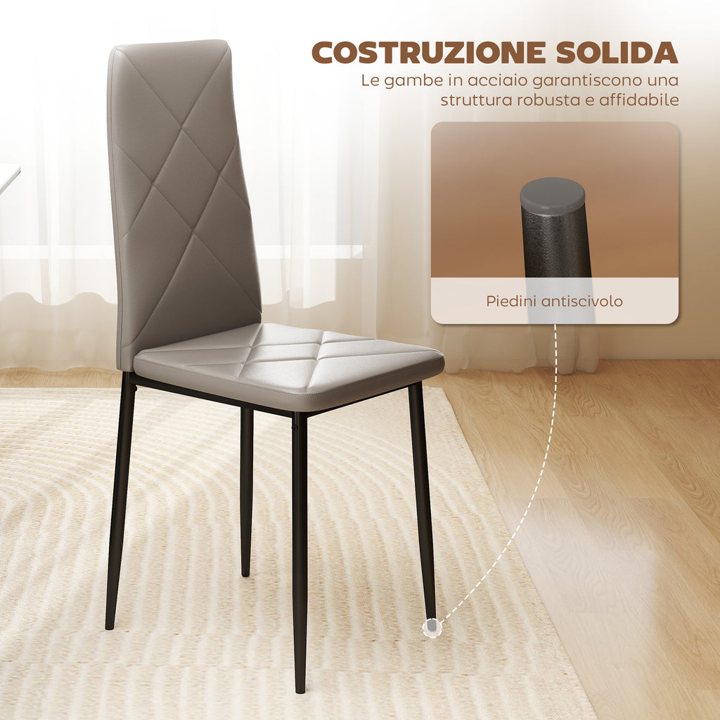 Set of 4 High-Back Dining Chairs in Faux Leather and Steel, 41x50x97cm, Grey