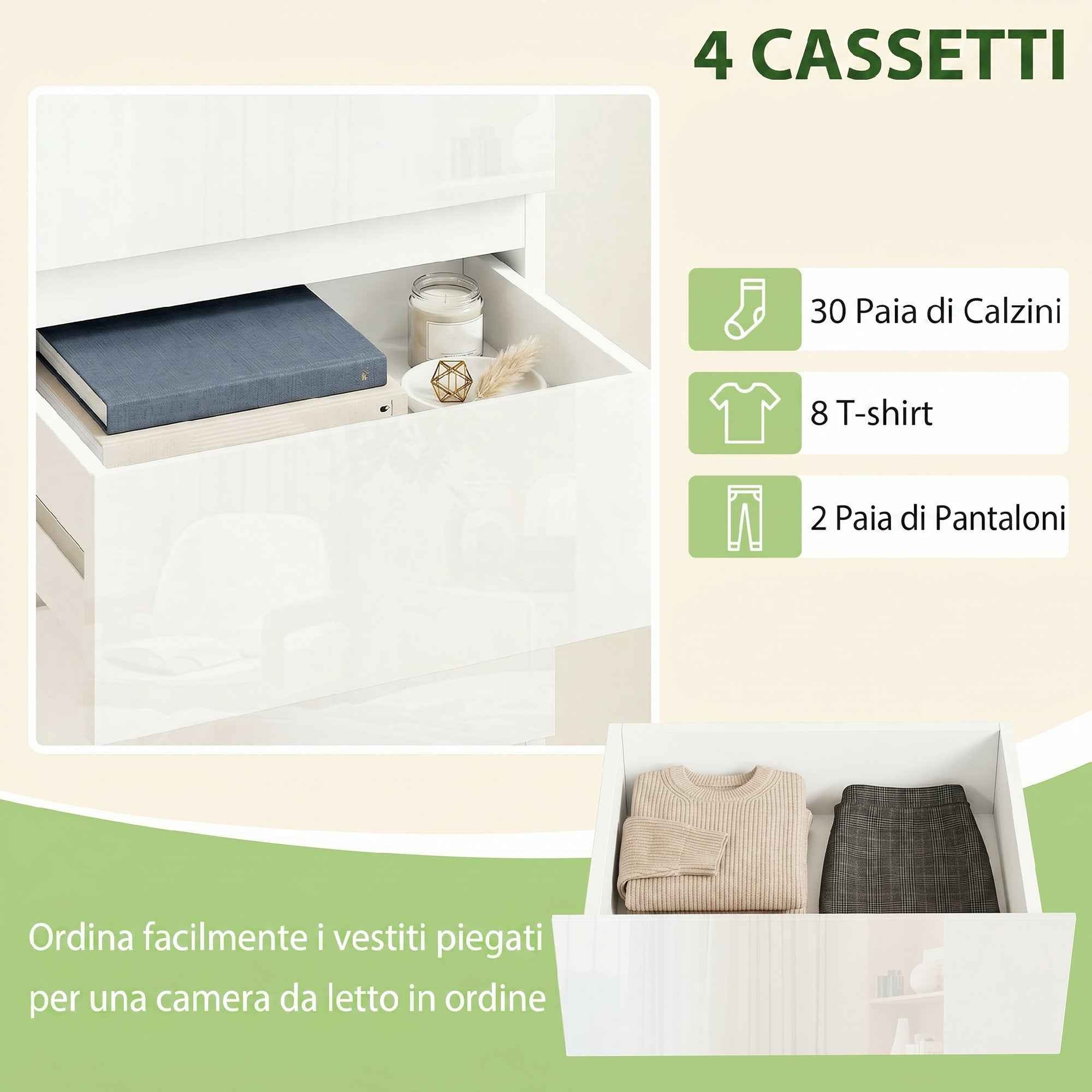 HOMCOM Space-Saving 4-Drawer Wooden Chest of Drawers, 40x35x74 cm, Glossy White