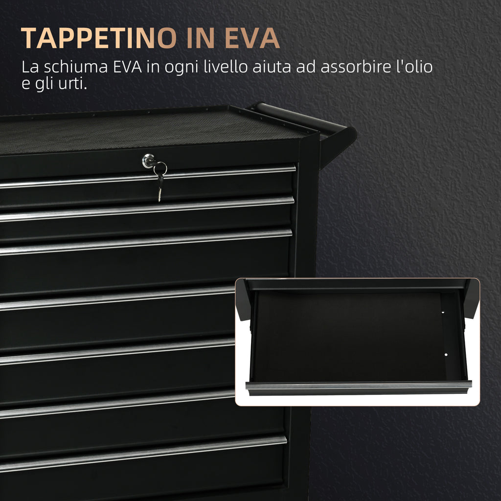 Workshop Trolley with 7 Drawers, Lock with Keys, Wheels and Handle, 69x33x75cm, Black
