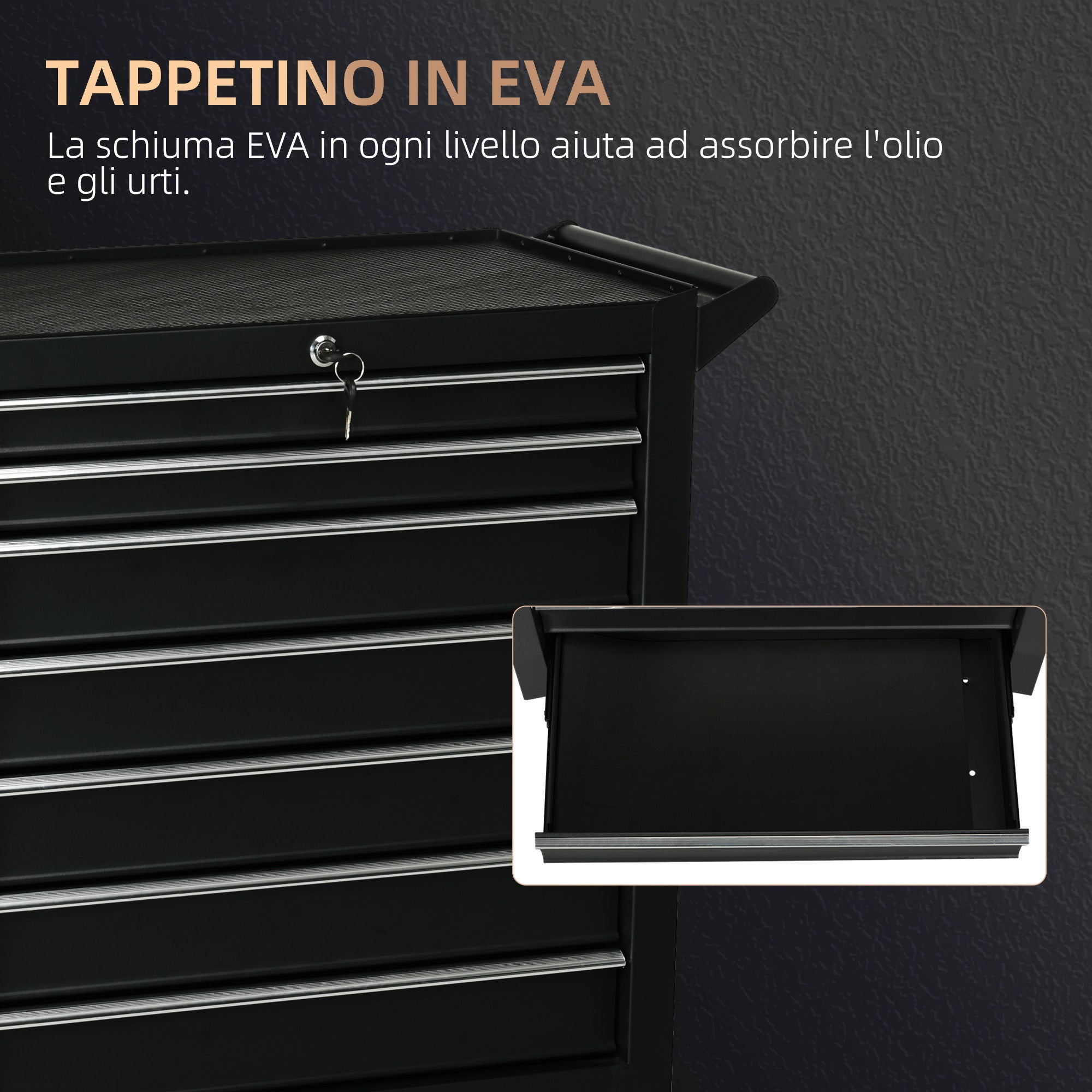 Workshop Trolley with 7 Drawers, Lock with Keys, Wheels and Handle, 69x33x75cm, Black