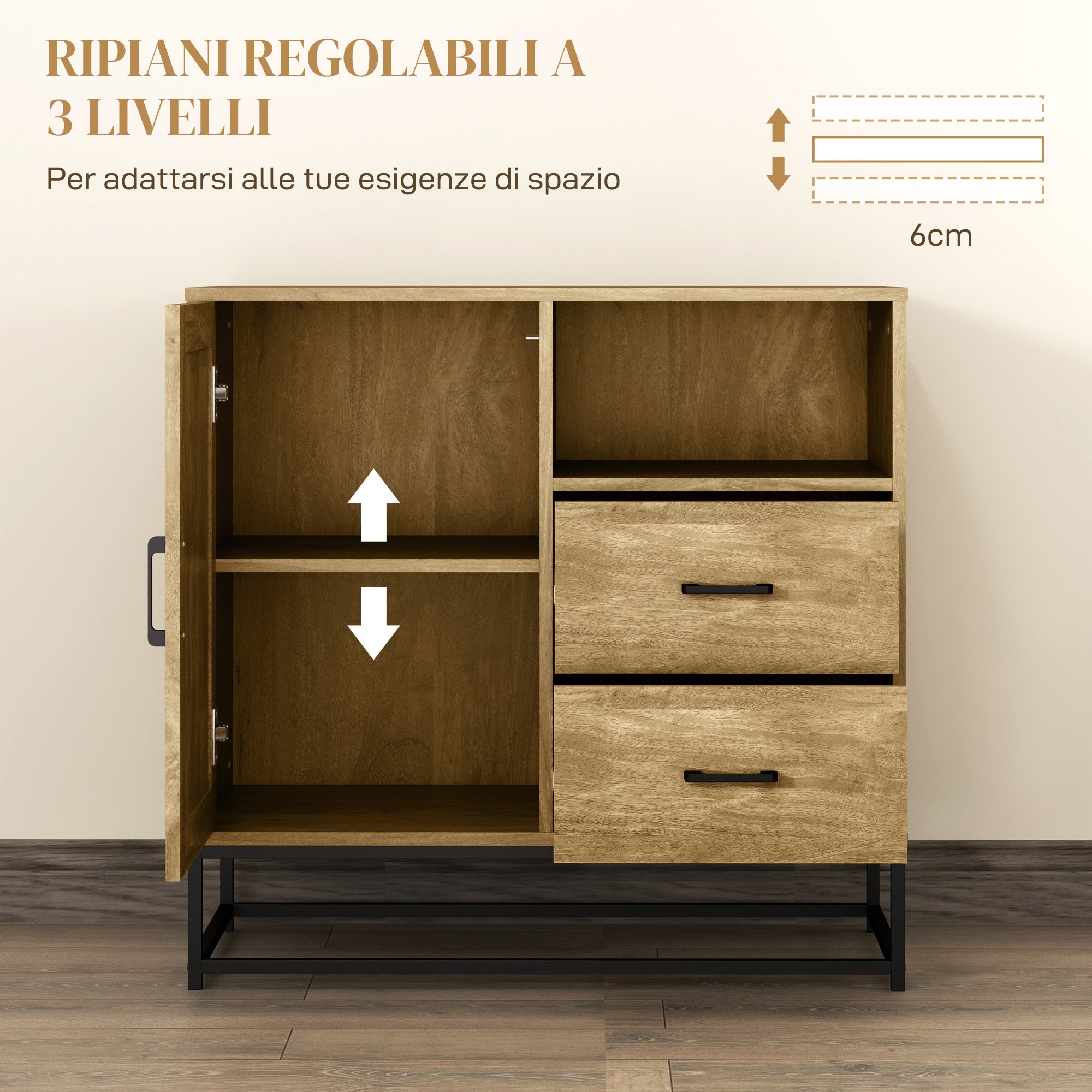 Modern Sideboard with 2 Drawers, Adjustable Cabinet and Open Shelf, in Wood and Steel, 80x40x78 cm, Brown
