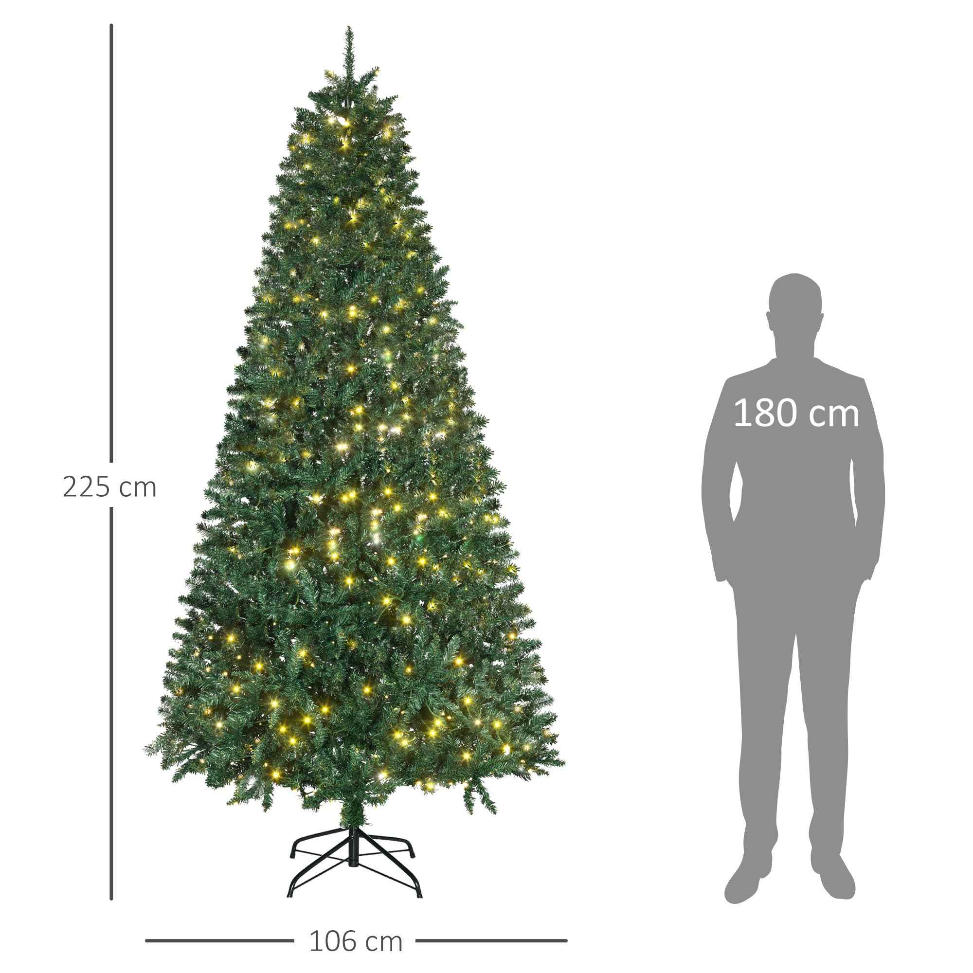 HOMCOM Artificial Christmas Tree with 450 White LED Lights and 1146 Branches, Foldable Metal Base - Green